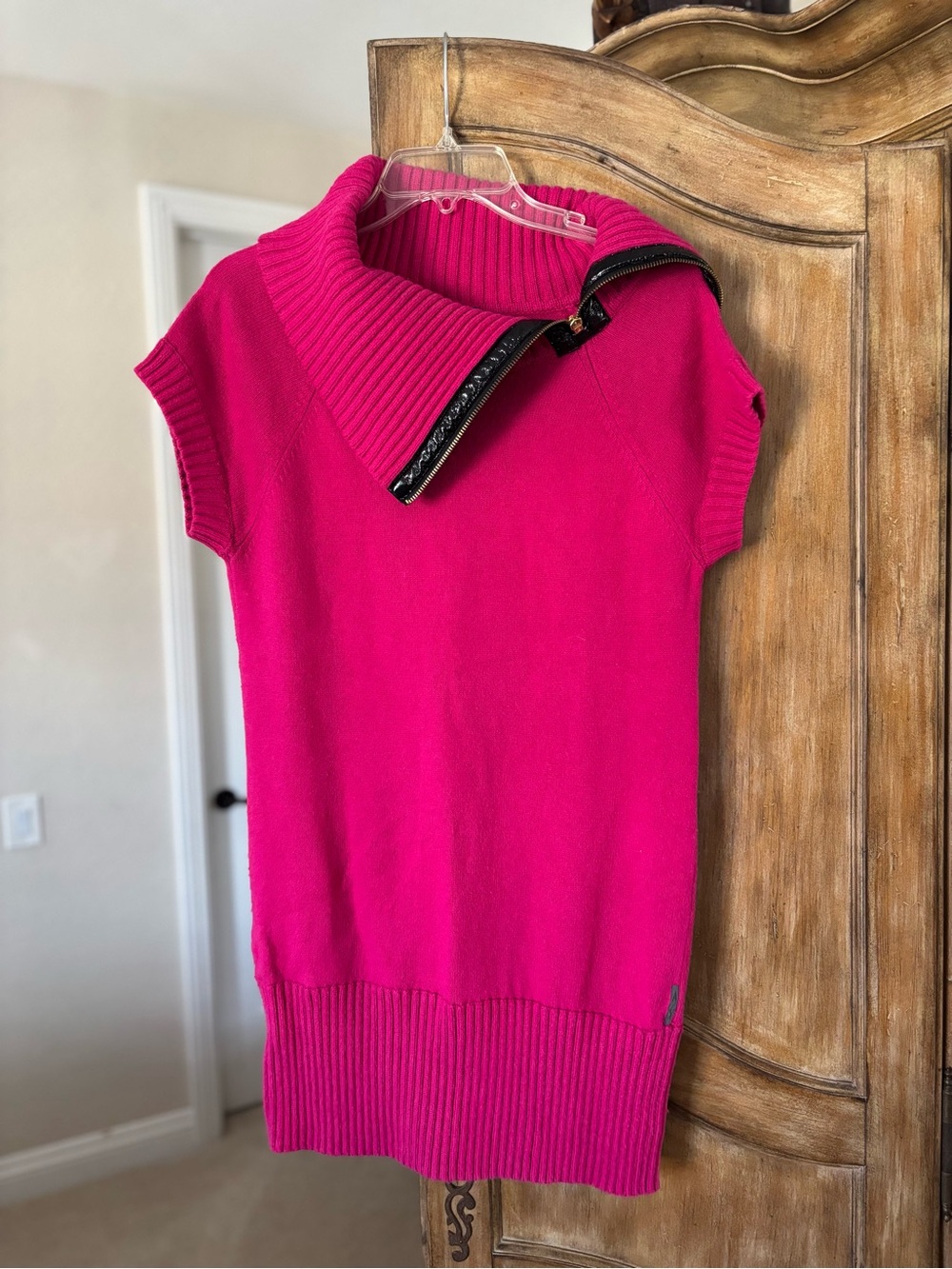 A/X Armani Exchange Hot Pink Cap-Sleeve Funnel Neck Sweater with Zipper Detail.